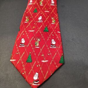 John Ashford Christmas Neck Tie‎ Santa Rudolph Tree Golf Red Holiday Silk
